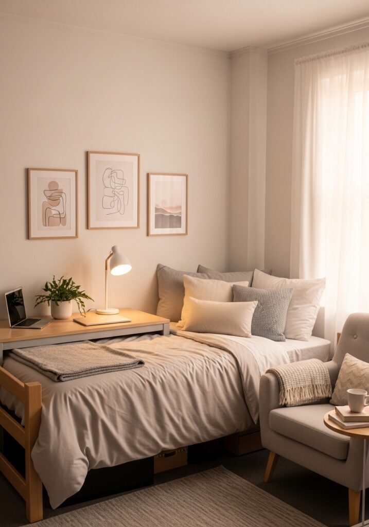 Aesthetic dorm room styled with minimal and elegant decor