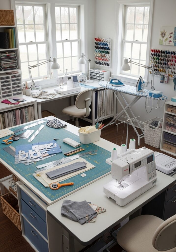 Ergonomic sewing room layout designed around an efficient work triangle