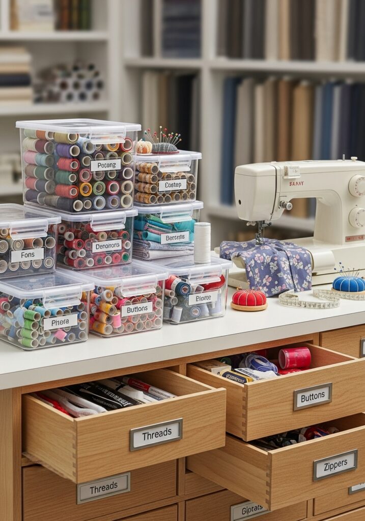 Labeled sewing storage system for easy access