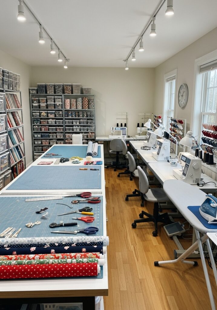  Parallel workstation sewing room layout for efficient task flow