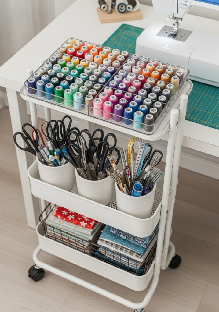 Three-tier white rolling cart organizing sewing supplies beside work desk