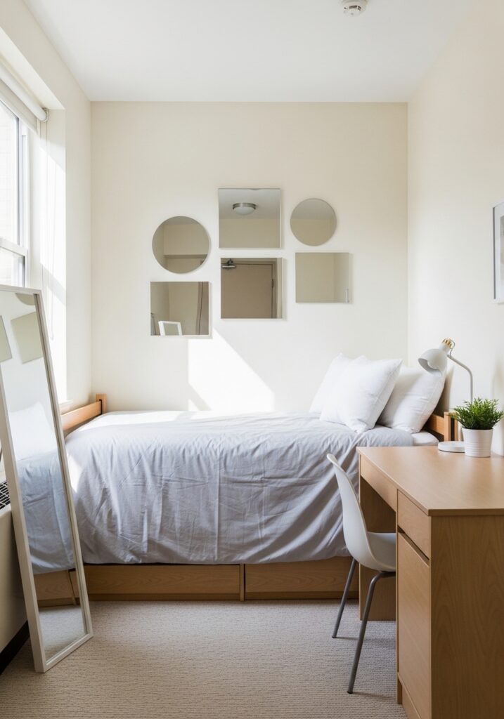 Small dorm room styled to feel open and spacious