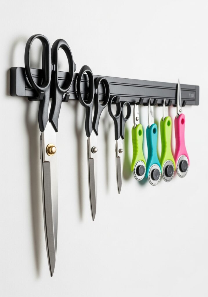 Magnetic strip wall storage holding sewing scissors and rotary cutters