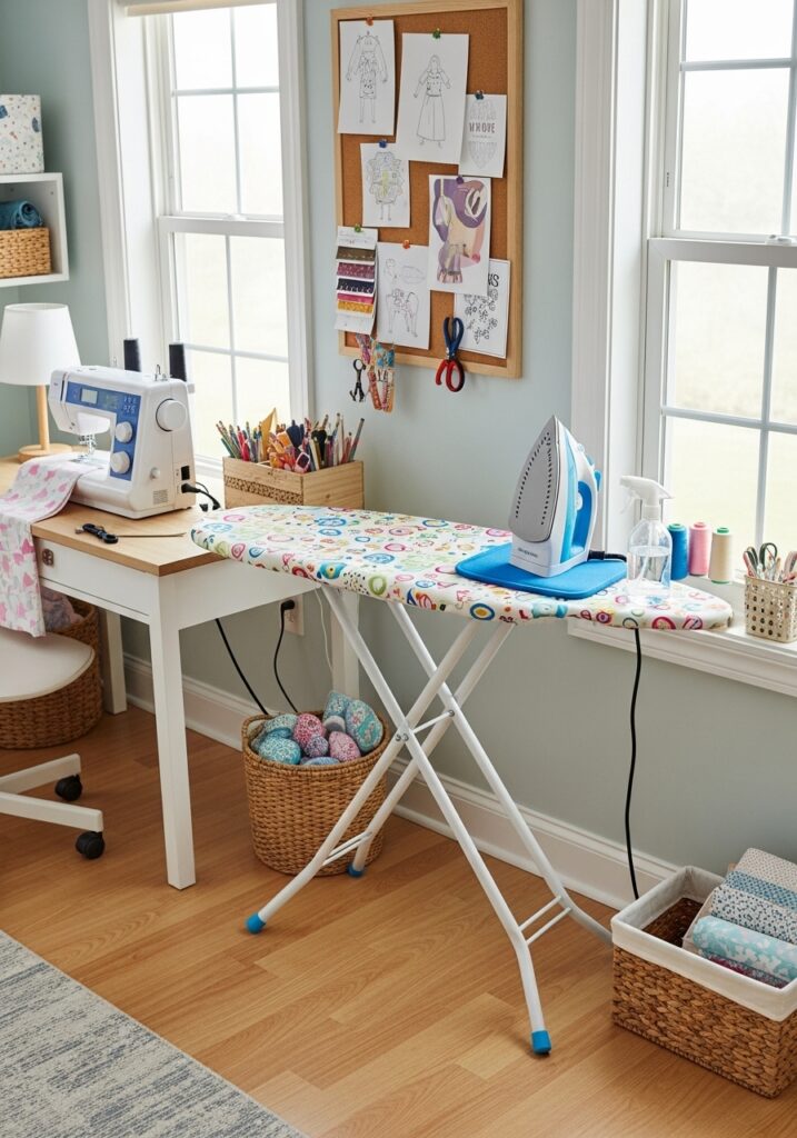 Ironing station integrated into sewing room setup
