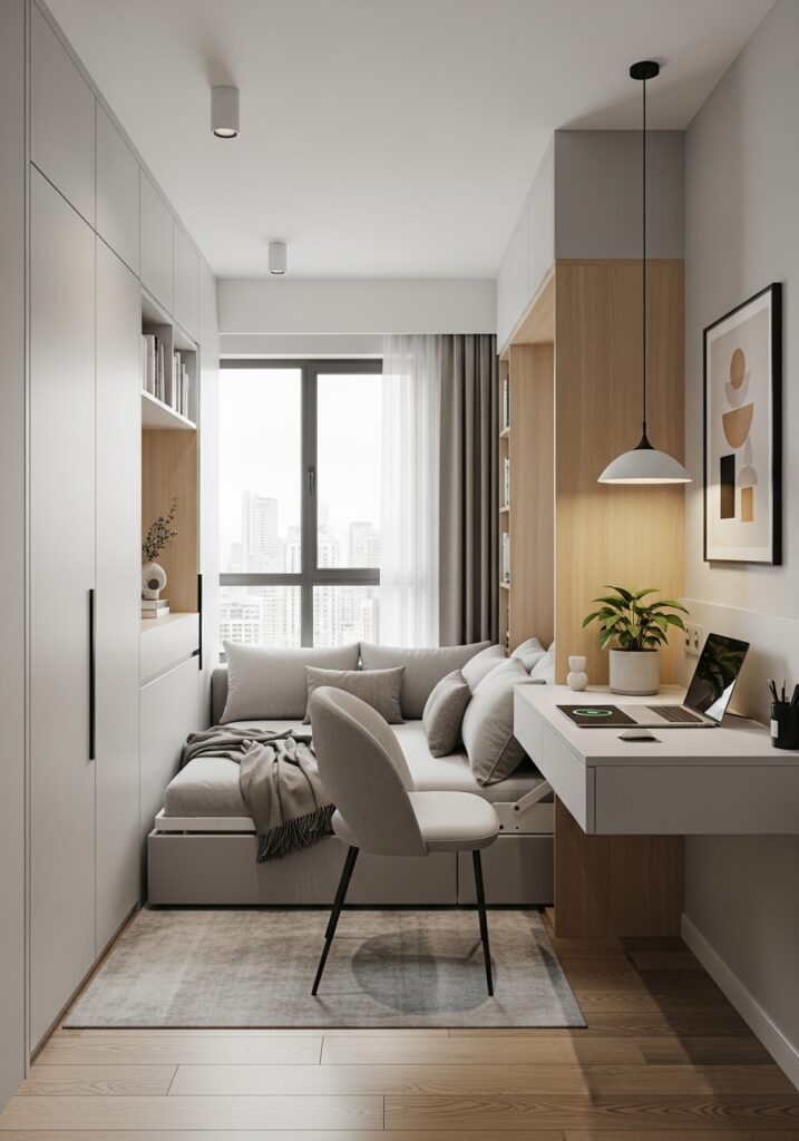 Small apartment bedroom decorated efficiently