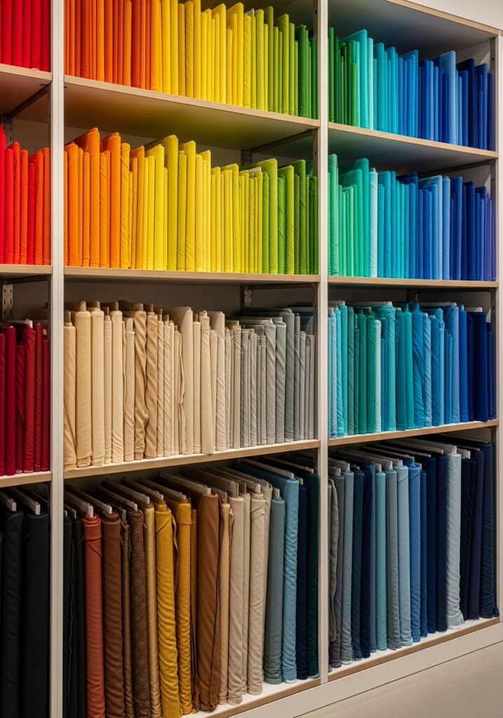 Fabric shelving system organized by color
