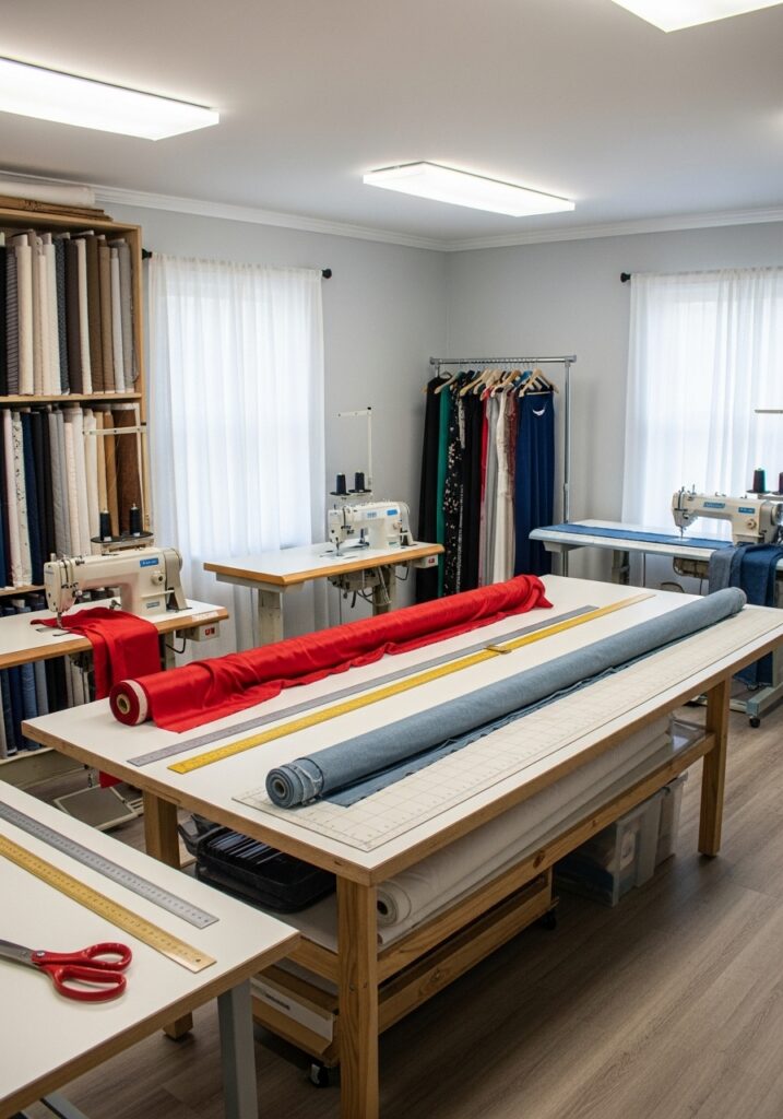  Sewing room layout optimized for long fabric cutting and sewing