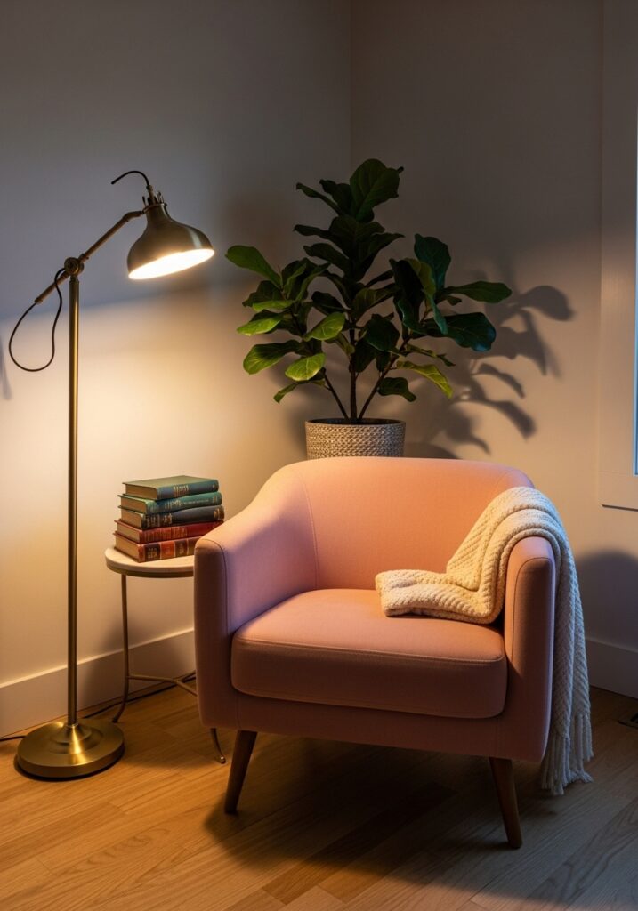 Cozy armchair reading nook with sewing books and warm lighting