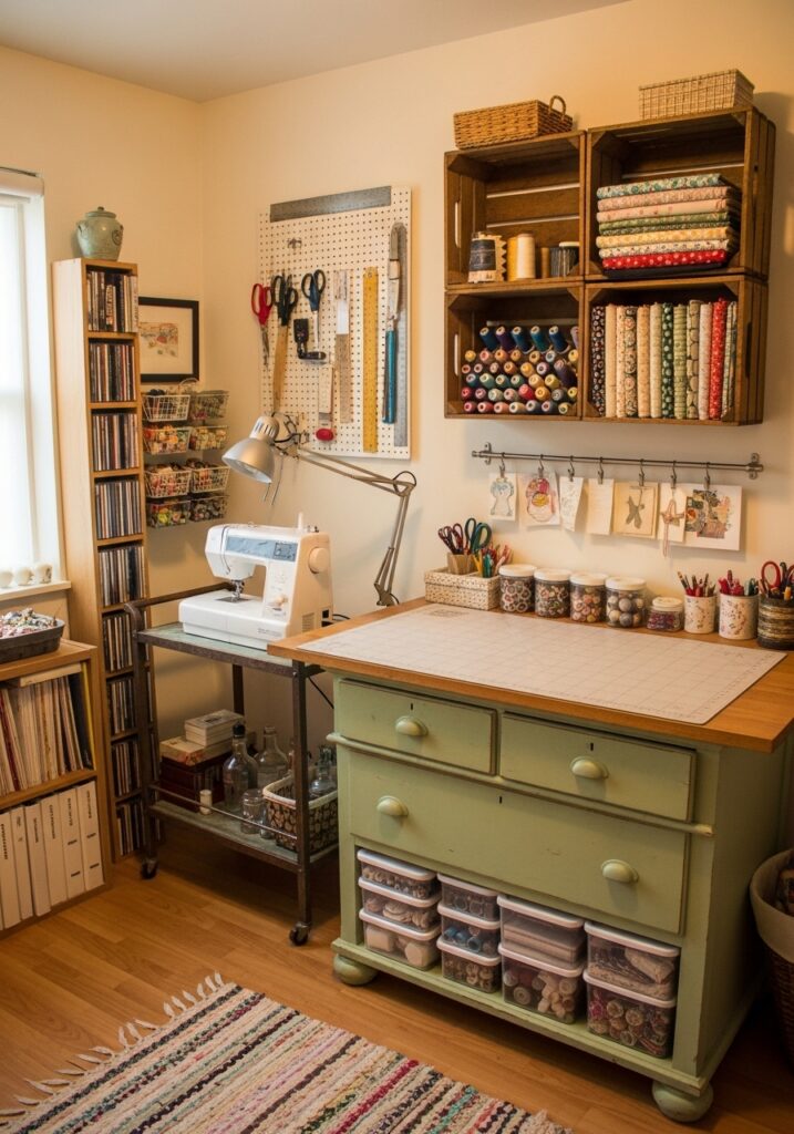 DIY sewing room storage solutions made from repurposed items