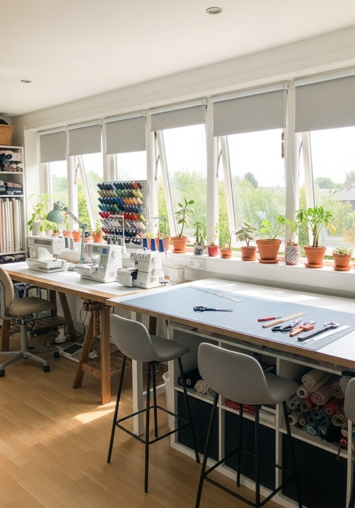  Sewing room layout aligned with windows for natural light flow