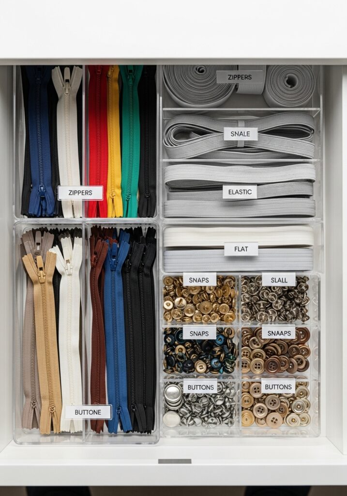 Clear acrylic drawer organizers separating and displaying sewing notions