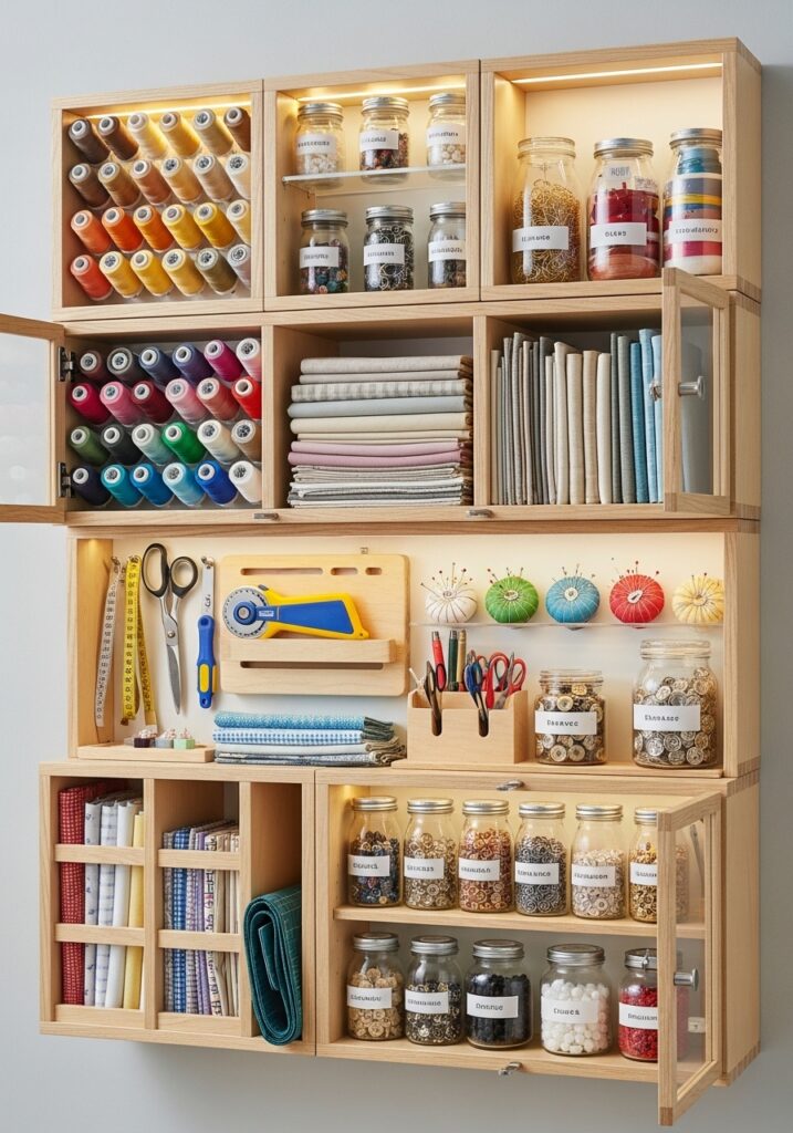  Wall-mounted storage cabinets in sewing room