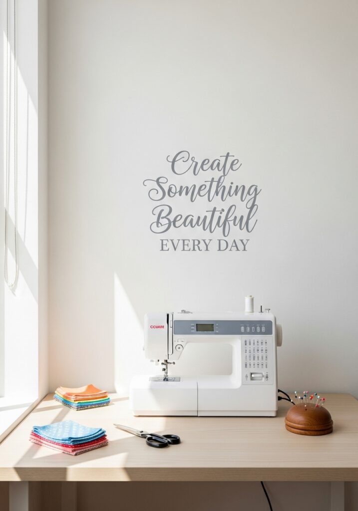 Vinyl wall decal with inspirational sewing quote above workspace