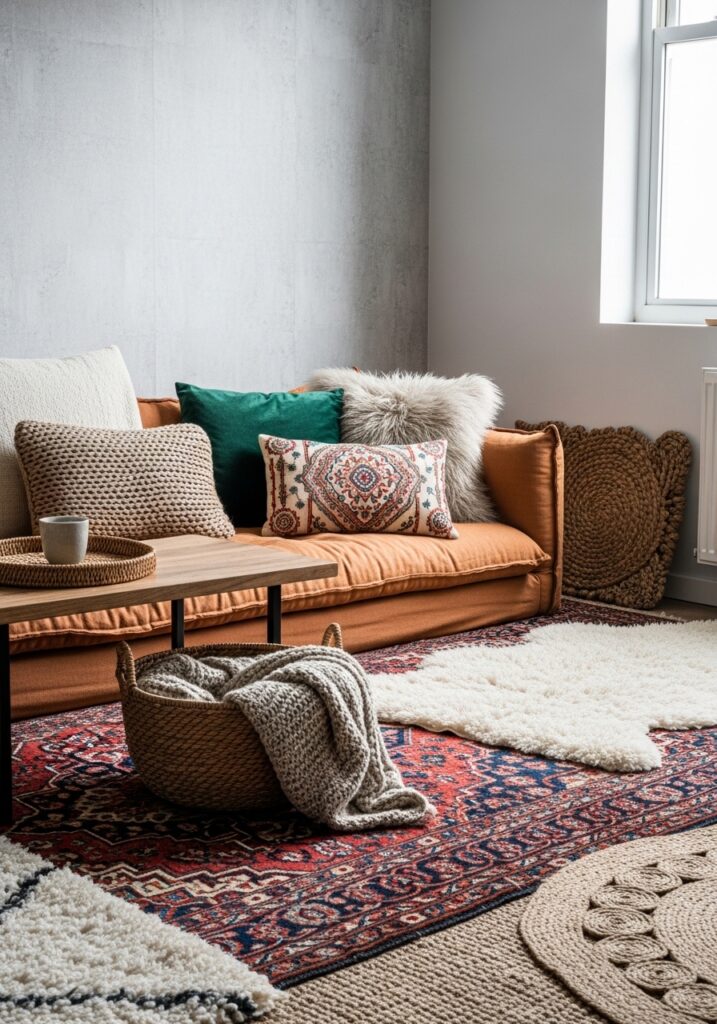 Layered textures adding depth to apartment decor