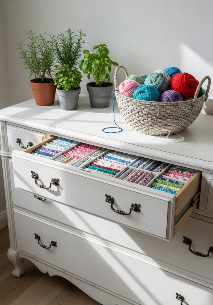 Vintage white dresser repurposed for fabric and sewing supply storage
