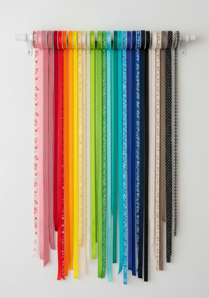 Wall-mounted dowel rod displaying organized ribbon spools by color