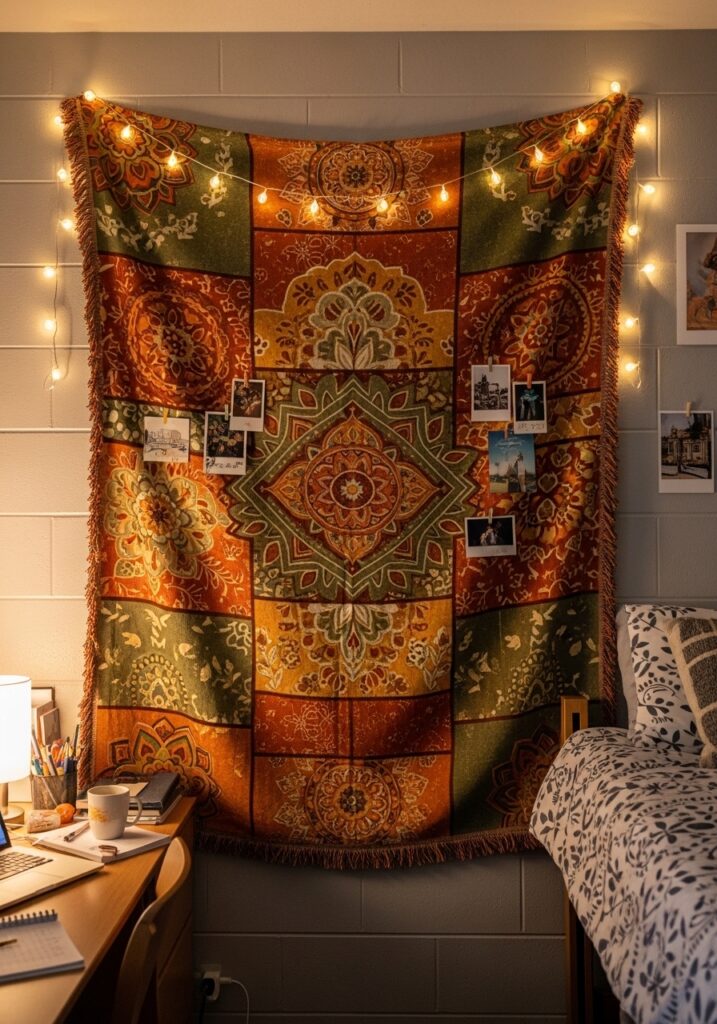 Wall tapestry adding warmth and style to dorm room