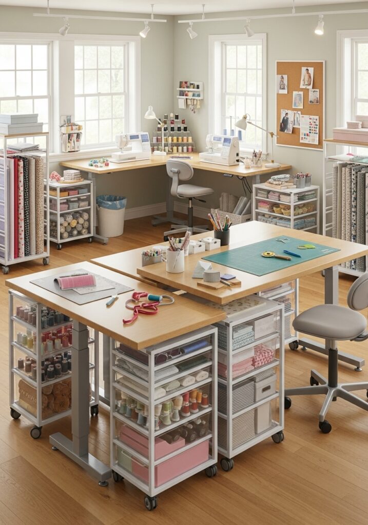  Flexible sewing room layout with mobile furniture