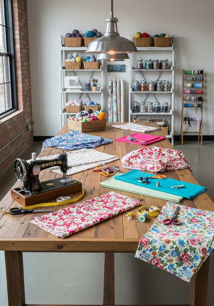 Large reclaimed wood farmhouse table serving as sewing room work surface