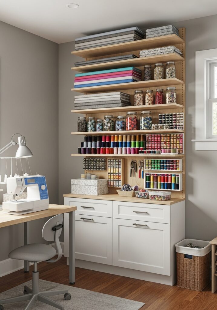  Small sewing room storage layout using vertical organization