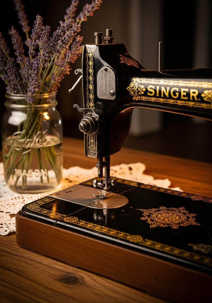 Vintage Singer sewing machine with gold details as sewing room centerpiece