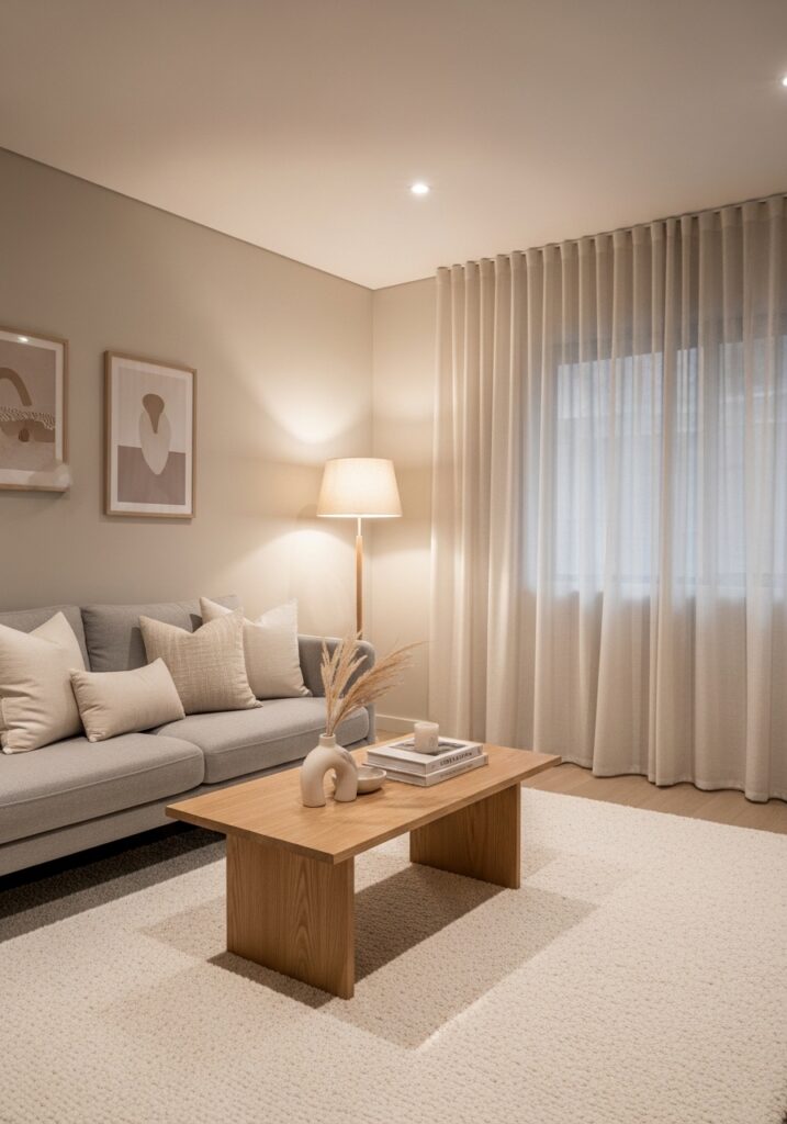 Neutral color palette creating an open and airy apartment interior