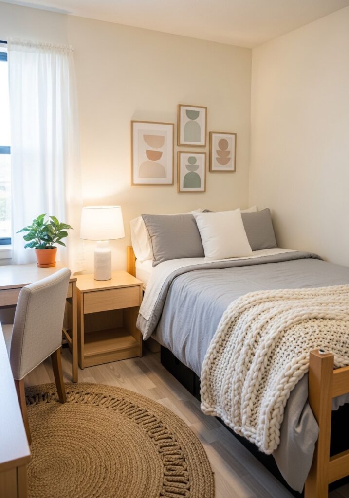 Neutral color palette creating a calm dorm room environment