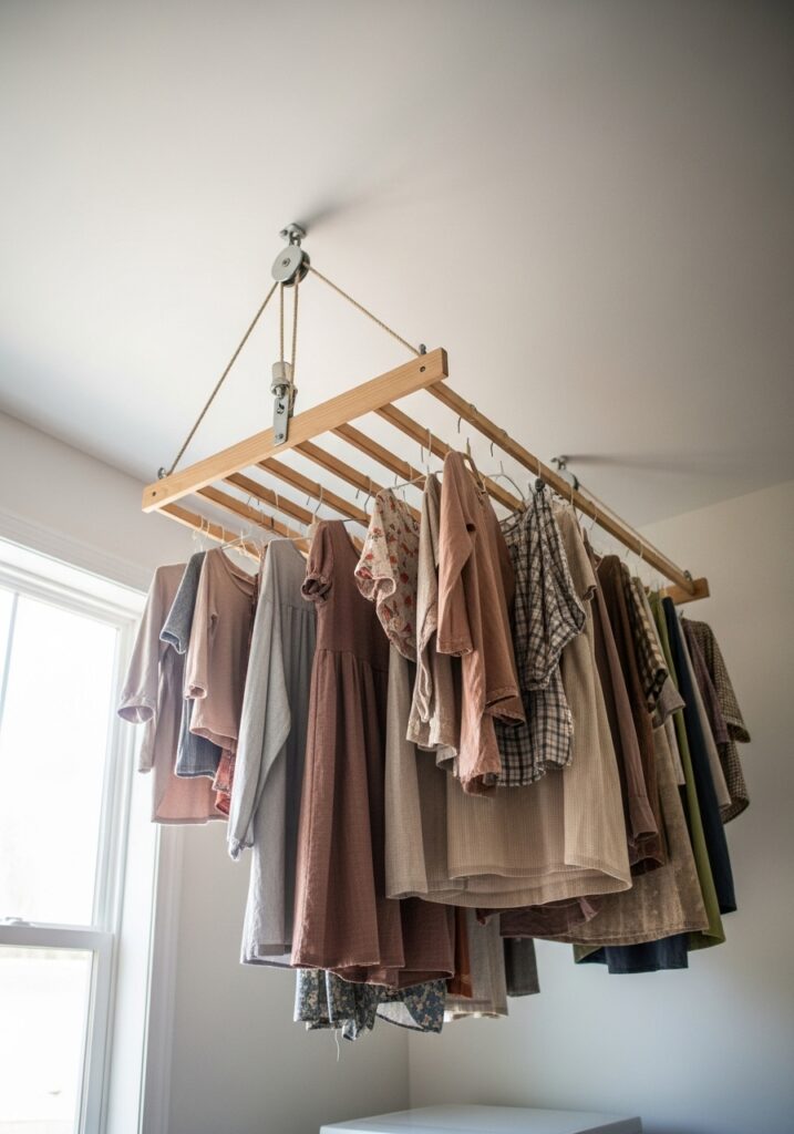 Ceiling-mounted vintage drying rack holding finished sewing projects