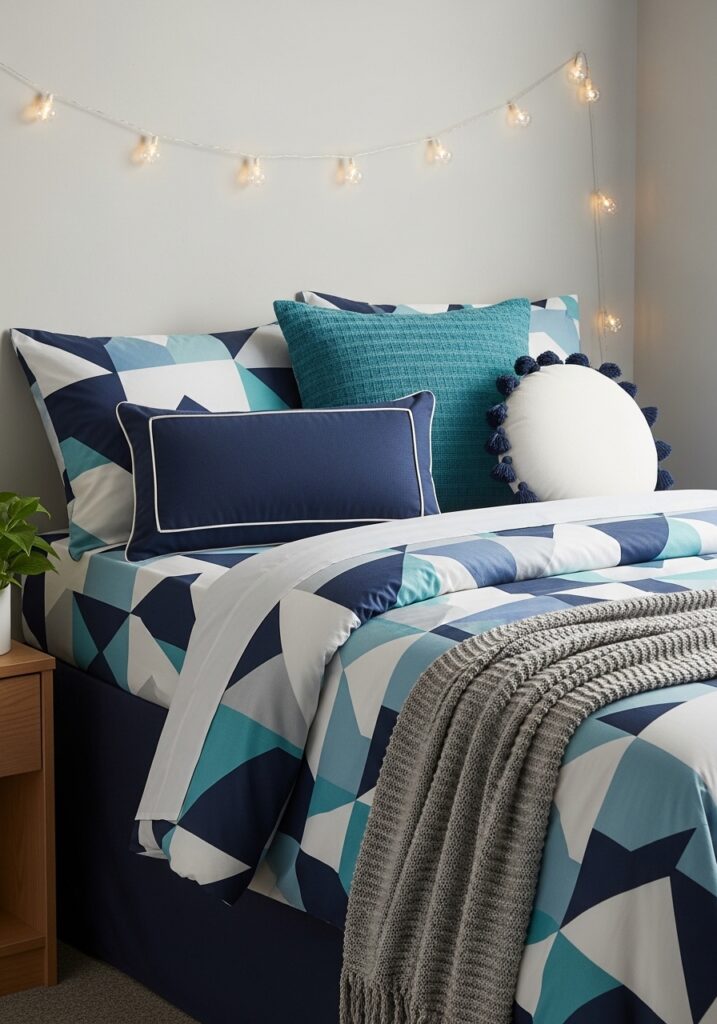 Dorm bed styled as a focal point in the room