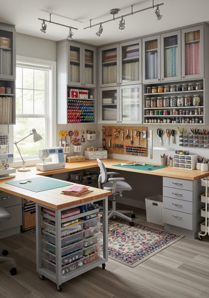  Storage-first sewing room layout with organized cabinetry