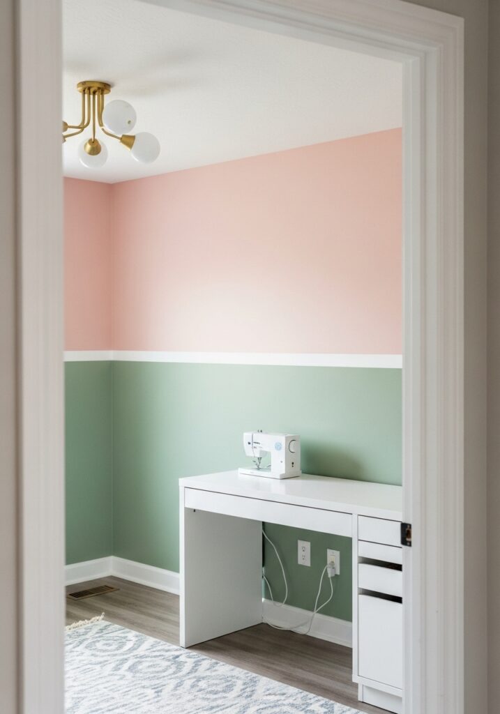 Two-tone color blocked accent wall in blush pink and sage green behind sewing desk