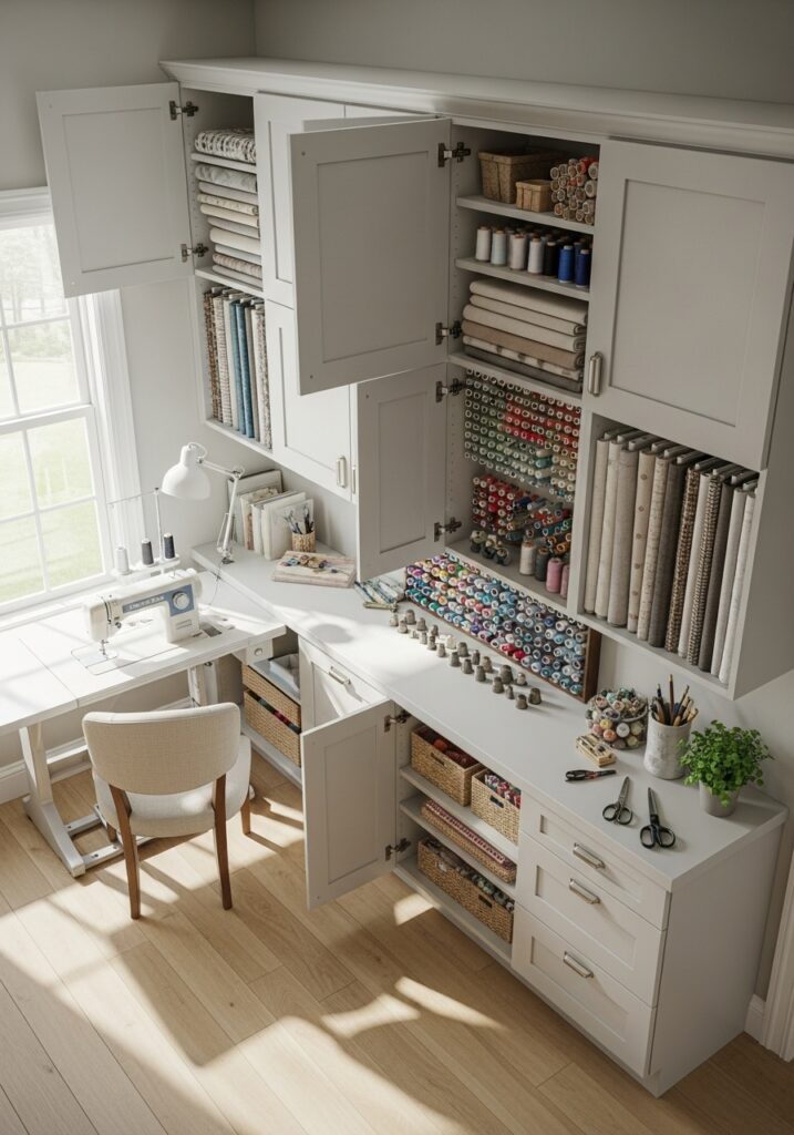 Overhead storage cabinets maximizing sewing room space