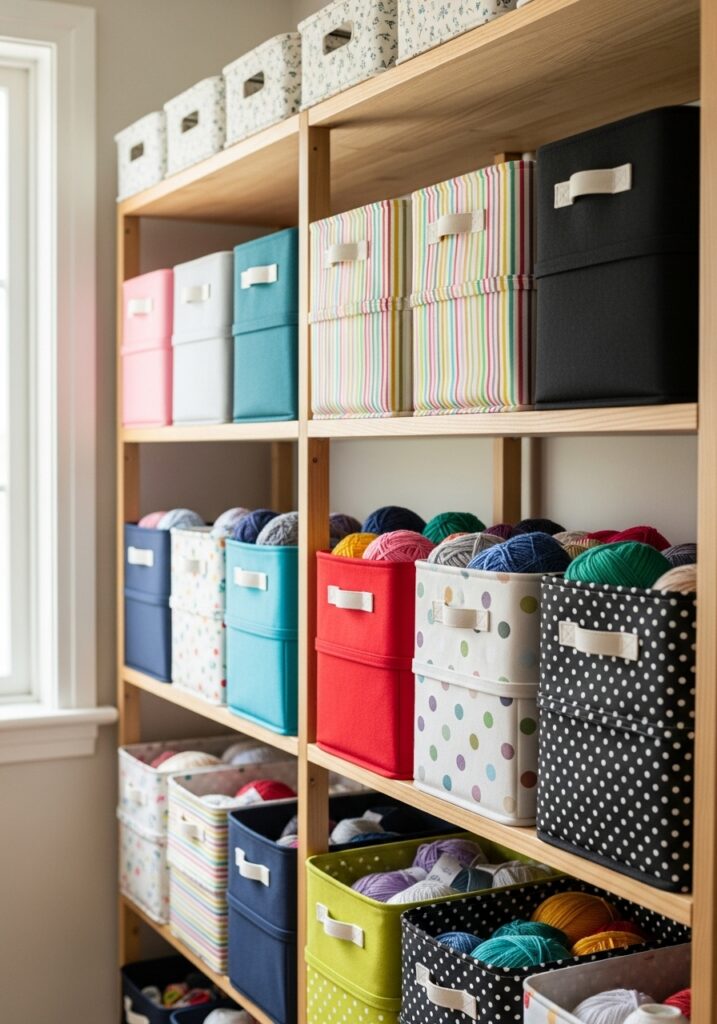  Fabric bin storage on open shelving in sewing room