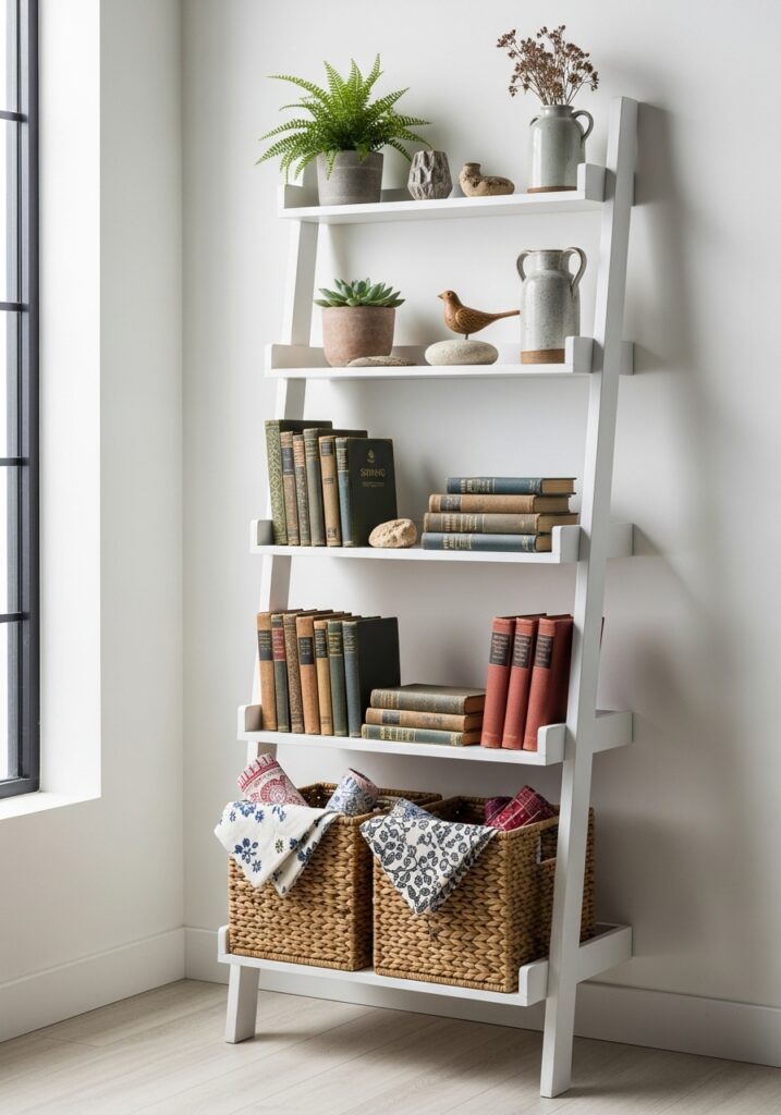 White ladder shelf displaying fabrics, books, and plants in casual styling