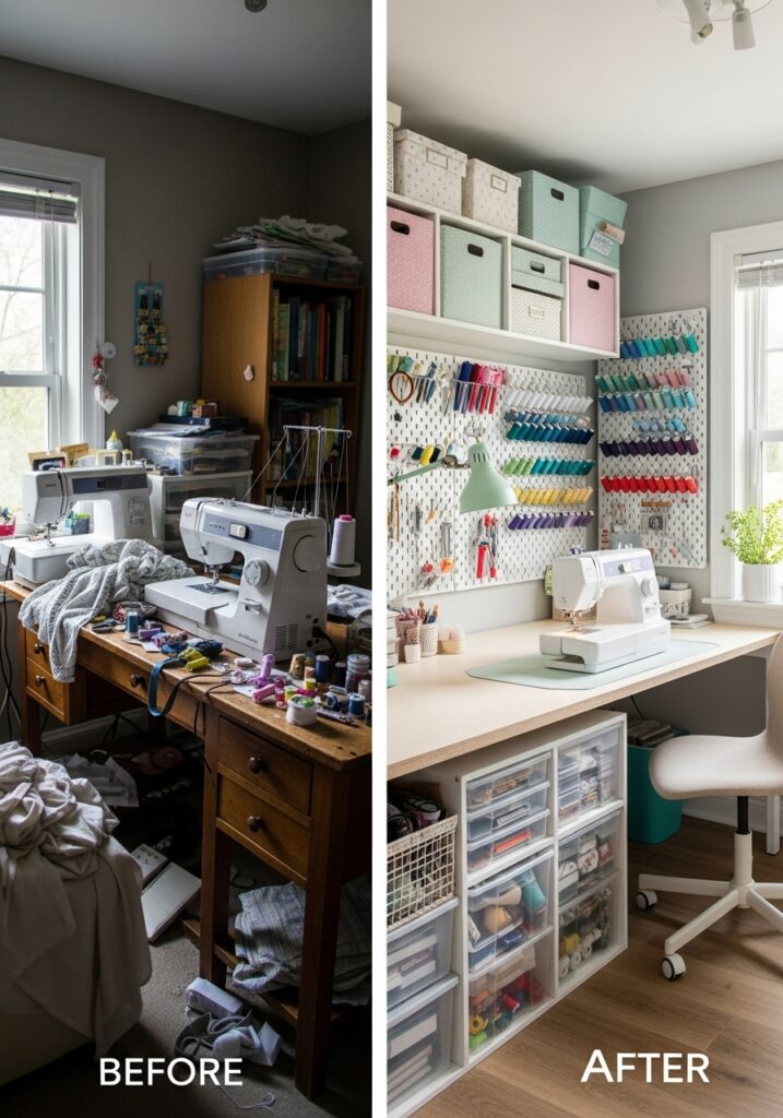 Before and after sewing room makeover transformation