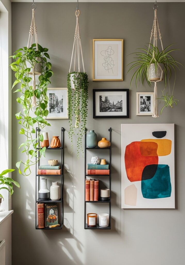 Vertical wall decor maximizing space in a small apartment