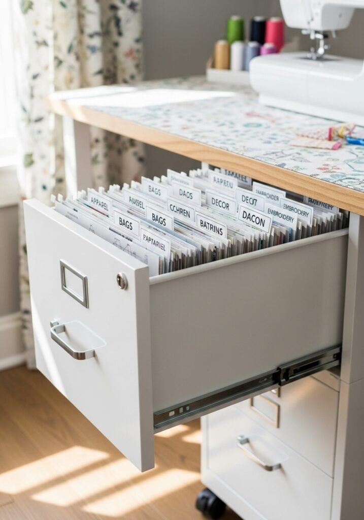 White filing cabinet storing organized sewing patterns in hanging folders