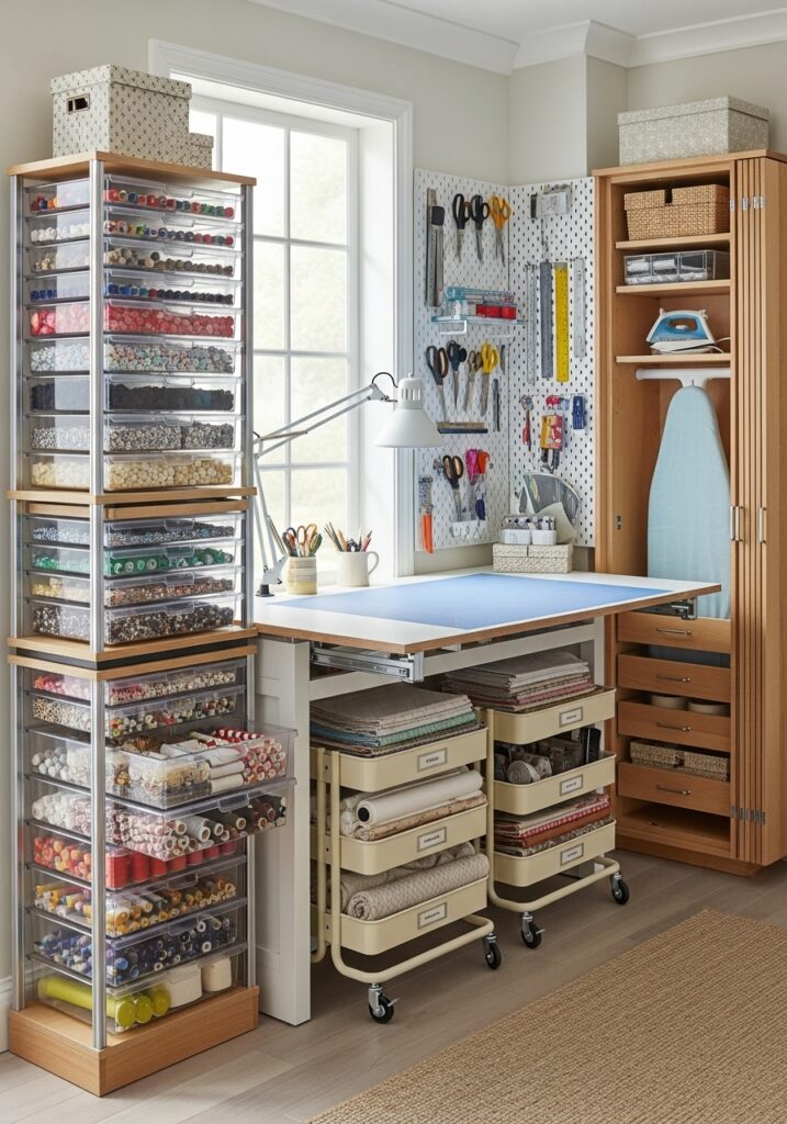 Flexible storage accommodating growing sewing supplies