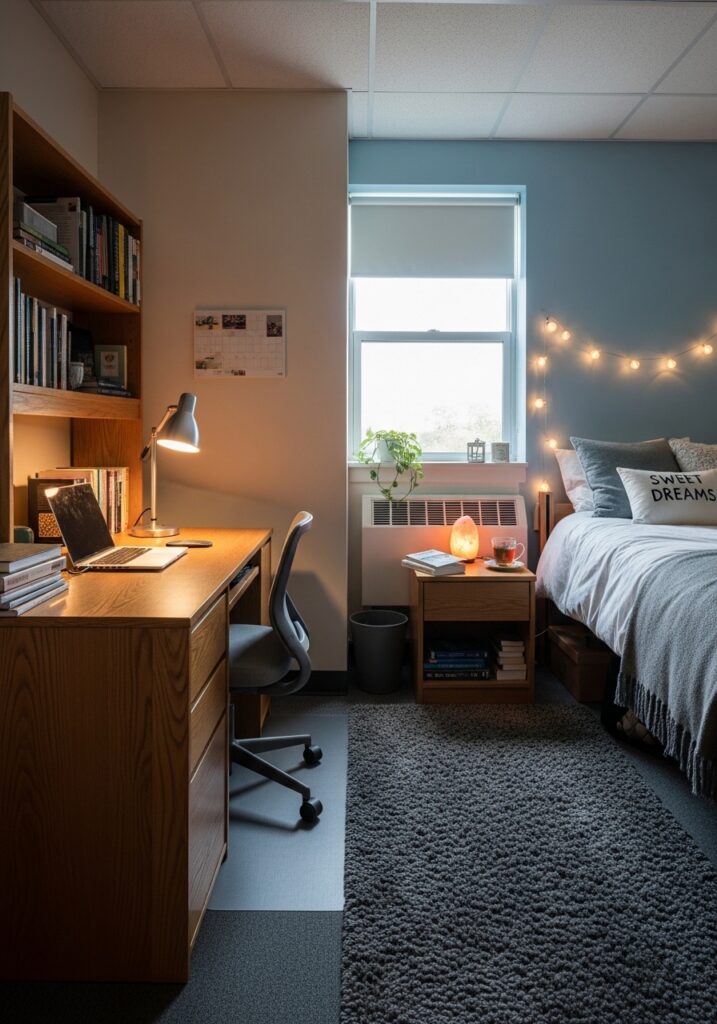 Dorm room with defined study and sleep zones for better focus