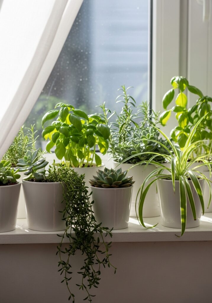Windowsill garden with small potted plants in white ceramic pots