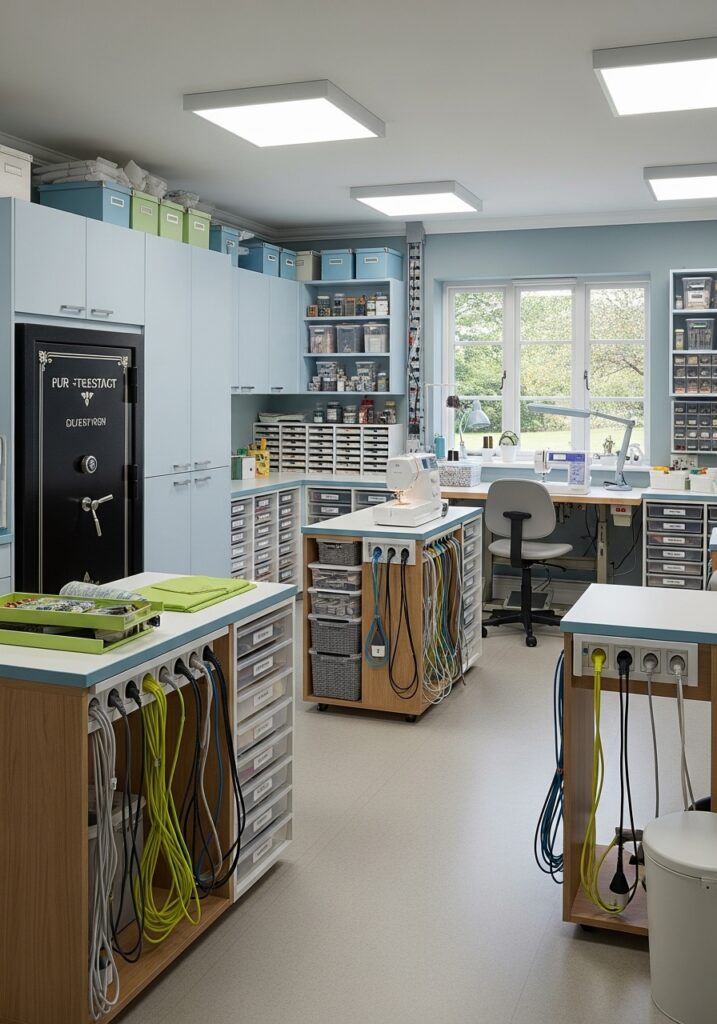 Safe sewing room setup with organized tools