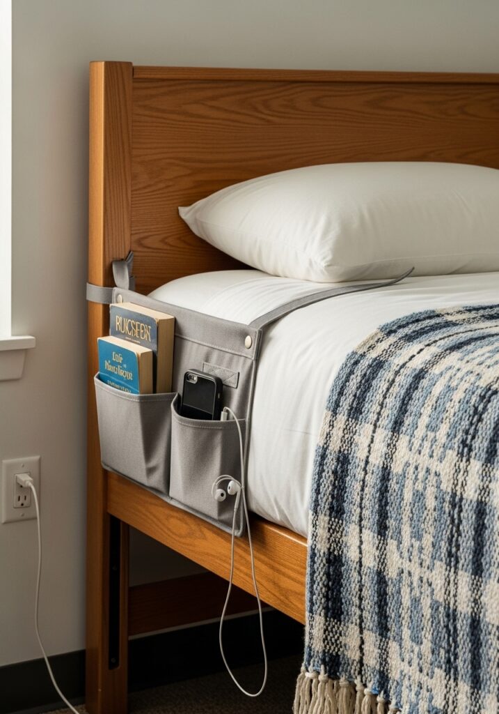 Bedside caddy organizing essentials in a dorm room