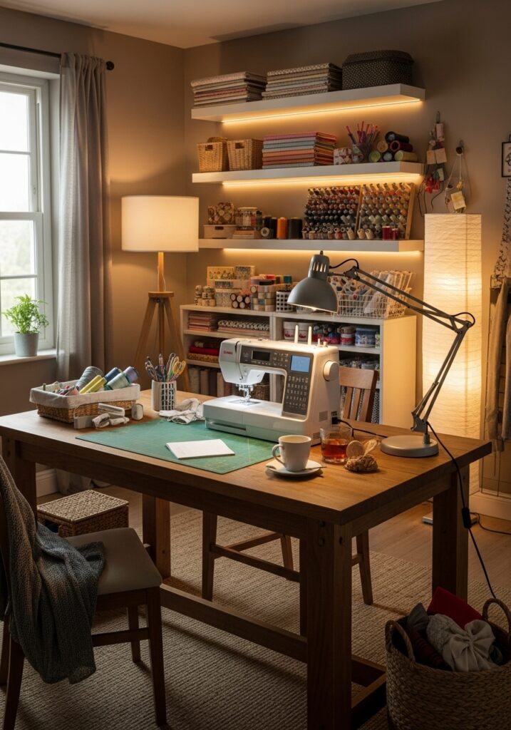 Organized lighting setup in sewing room