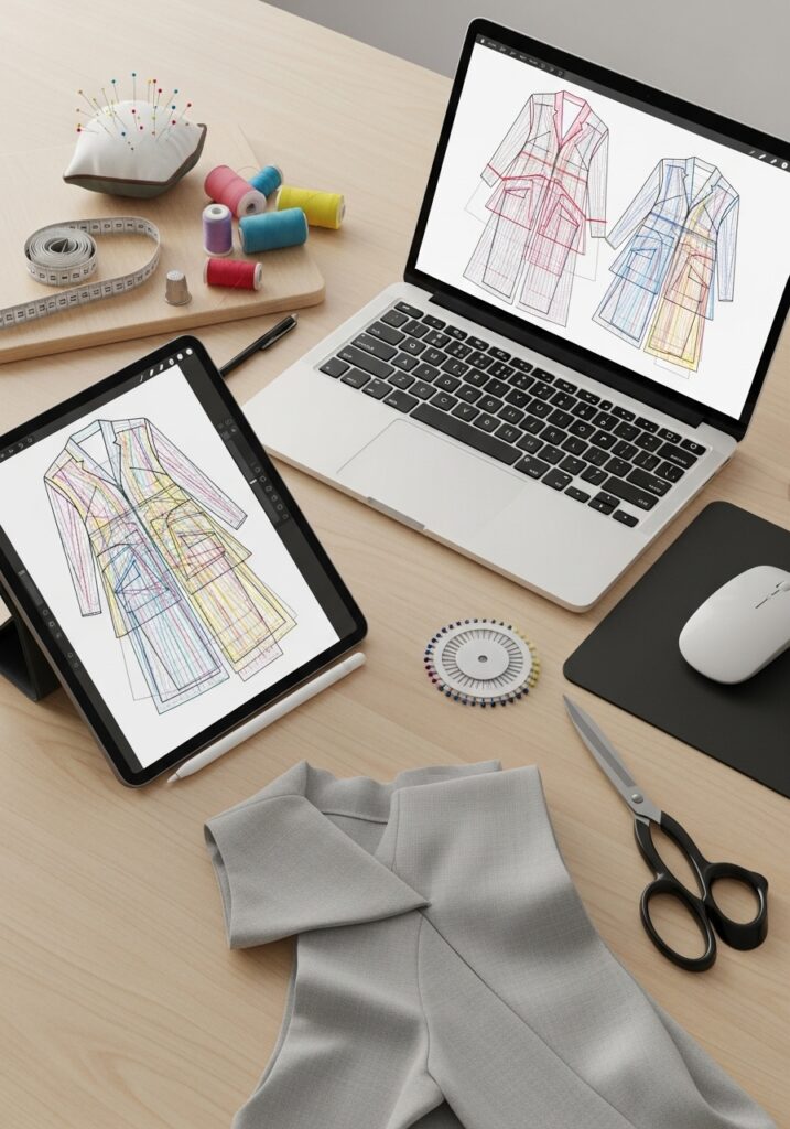 Digital sewing resources organized in sewing room