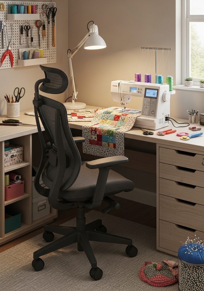 Comfortable sewing chair supporting posture