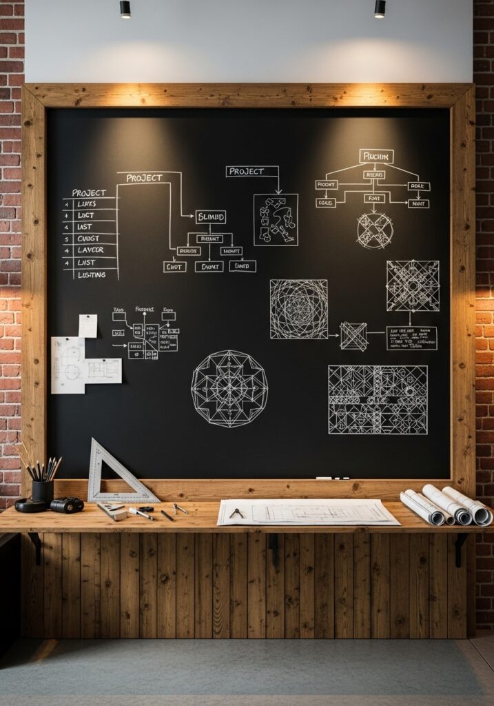 Large chalkboard wall section for planning sewing projects and sketches