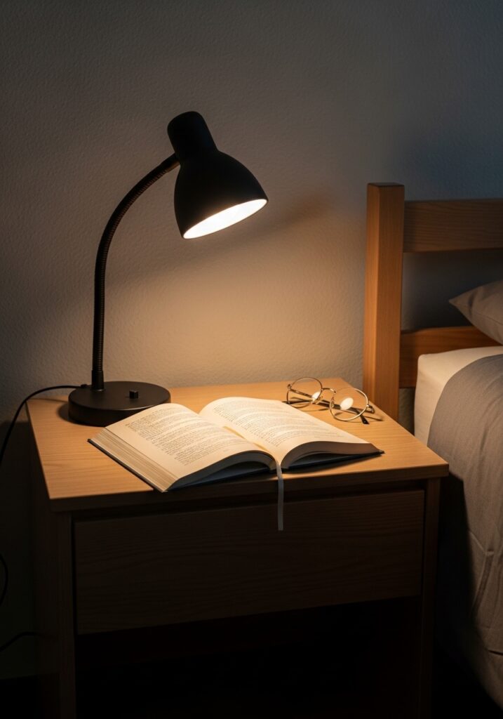 Minimal nightstand setup in a college dorm room