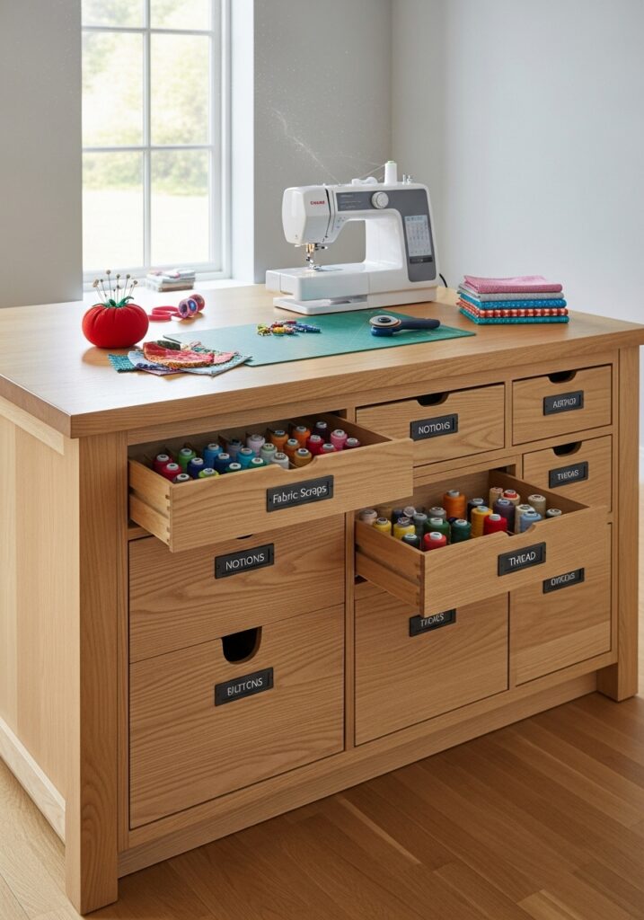 Central island storage table in sewing room