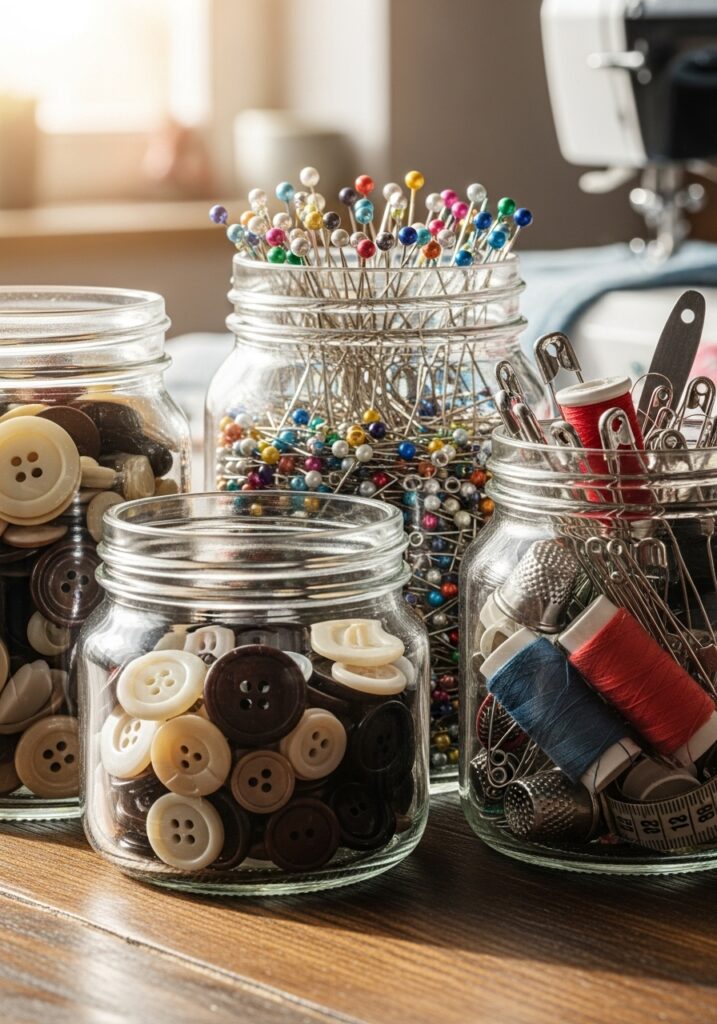 Clear jar storage organizing small sewing notions