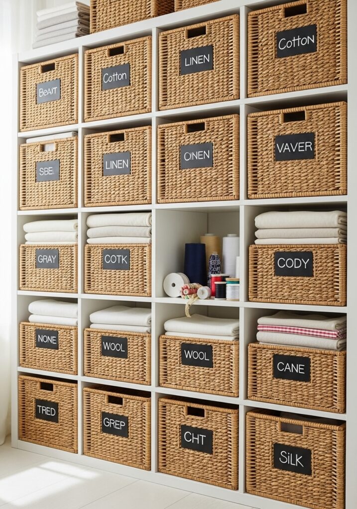 Matching wicker baskets with labels organizing sewing supplies in white shelving